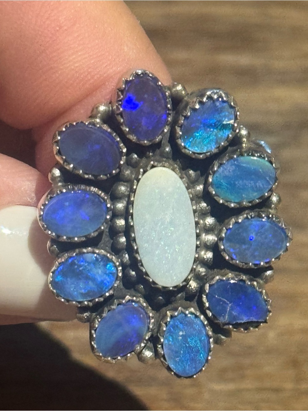 Australian opal Sterling Silver Cluster adjustable Ring